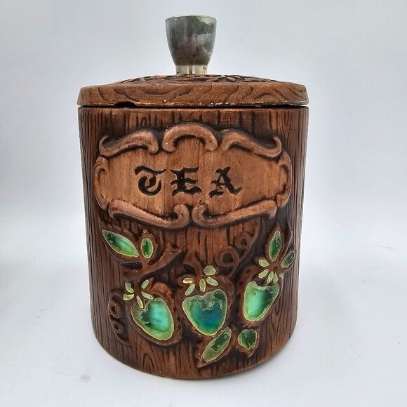 Vintage Treasure Craft US Canister Set - Flour Coffee Tea - Wood Look Ceramic wi - Picture 12 of 14